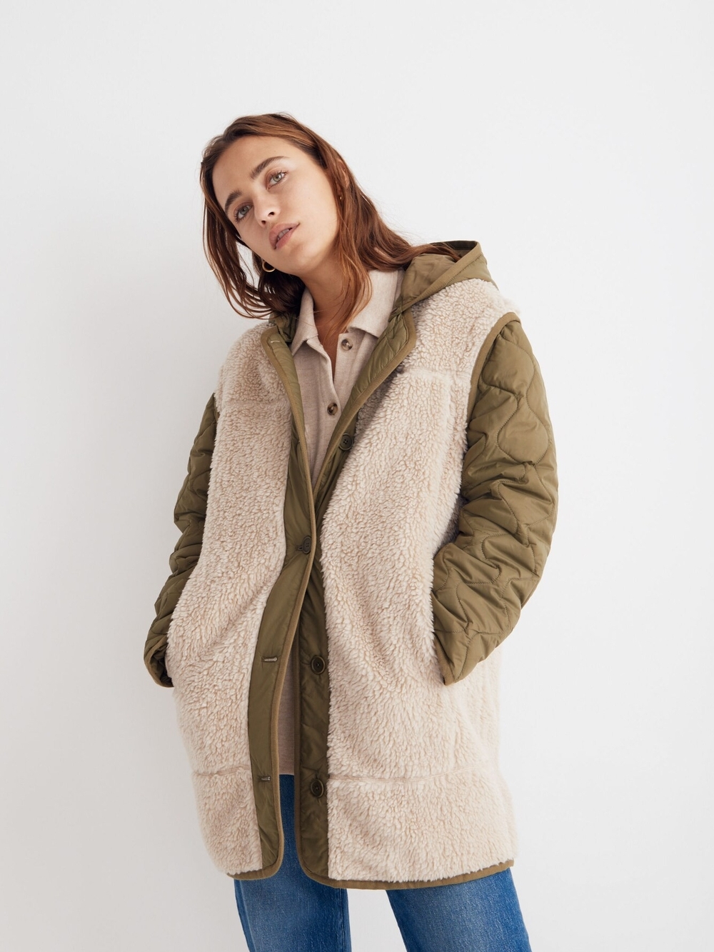 Madewell Convertible Quilted Faux-Shearling Hooded Jacket Size XS